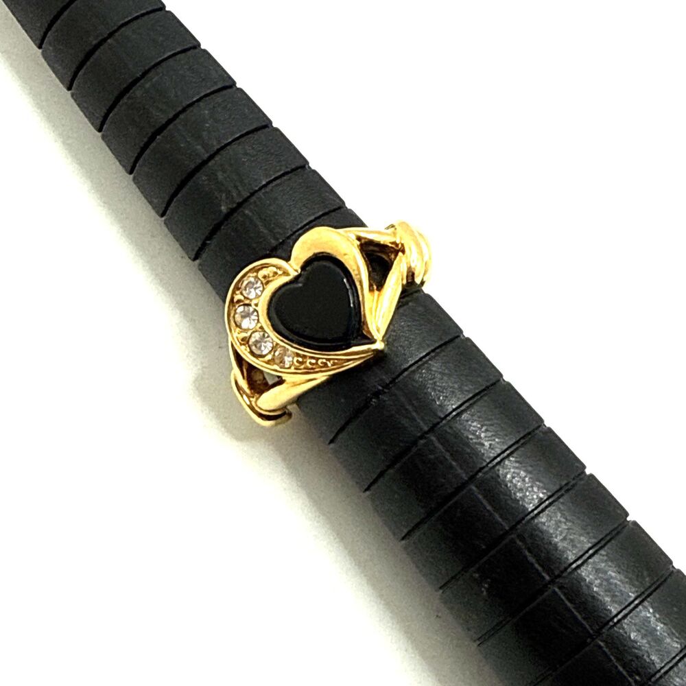 Vintage 1993 Avon Genuine Onyx Heart Ring Gold Tone Rhinestone Accent Sz 5